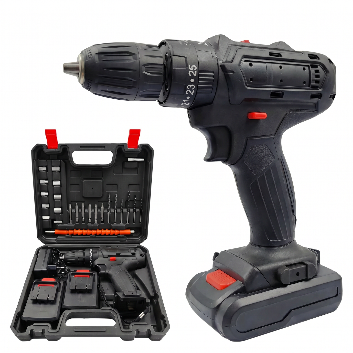 Mașină de Găurit și Înșurubat cu Acumulator 21V, Cuplu 65 Nm, 2 Baterii și Accesorii