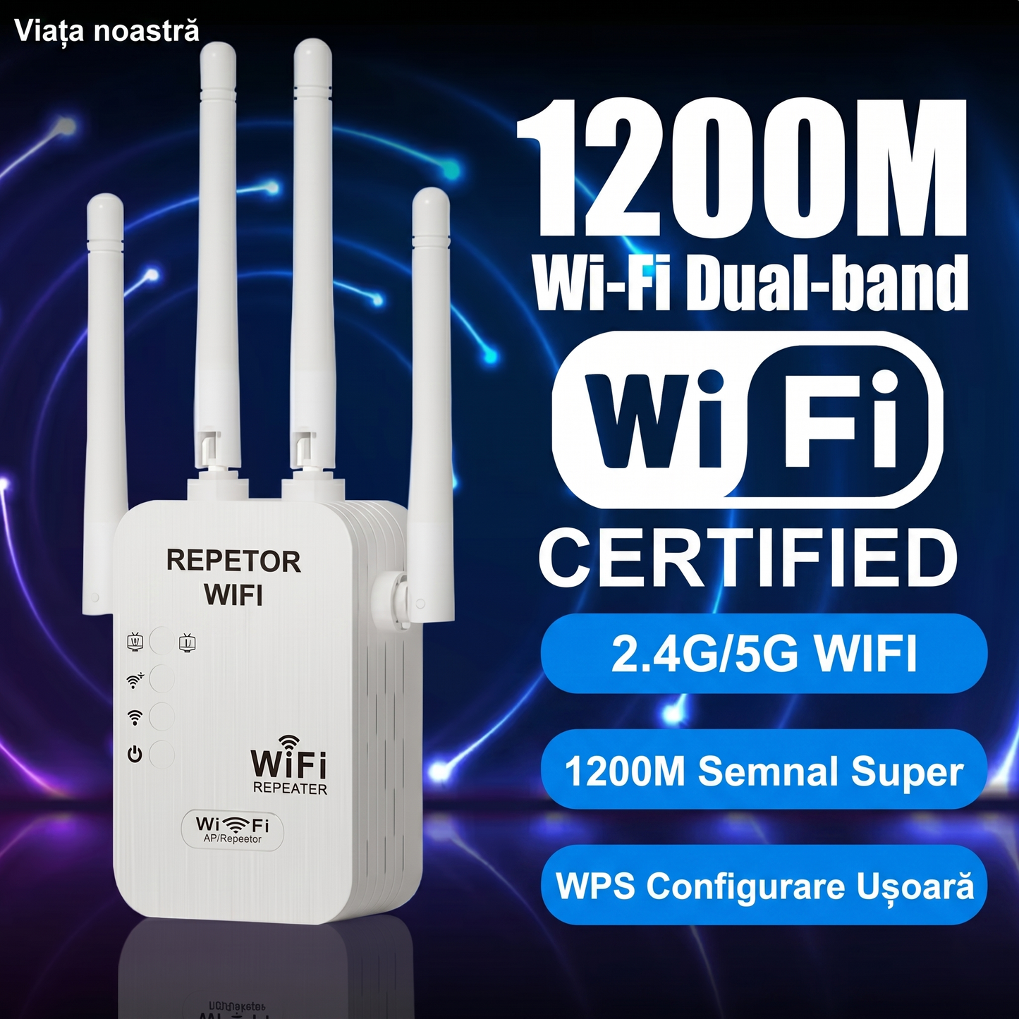 Repetor WiFi cu 4 Antene și Porturi LAN Duale, Amplificator de Semnal pentru Priză