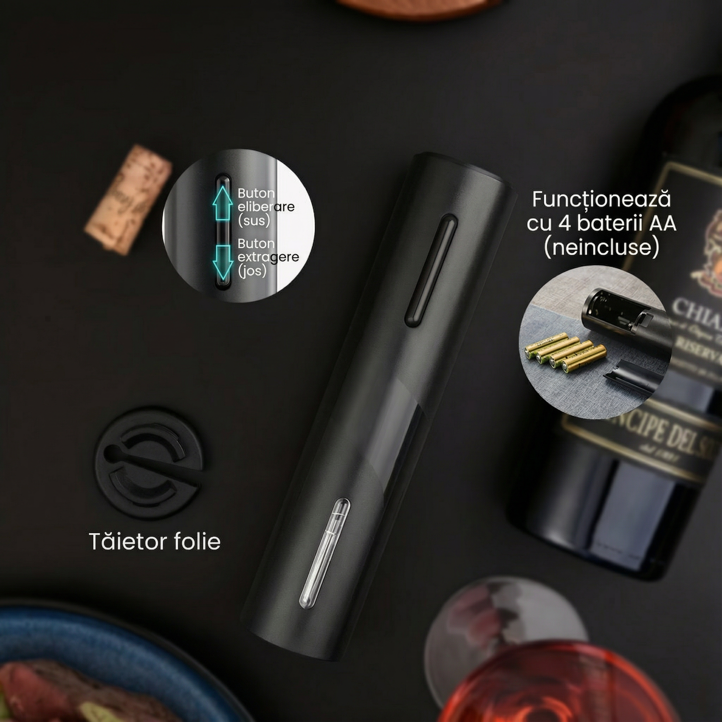 Dispozitiv de Deschidere a Sticlelor de Vin cu Desfăcător