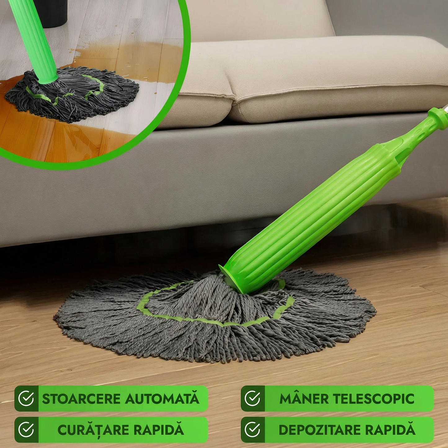 Mop cu Stoarcere Automată, Microfibre Ultra-Absorbante, Mâner Telescopic și Curățare Eficientă