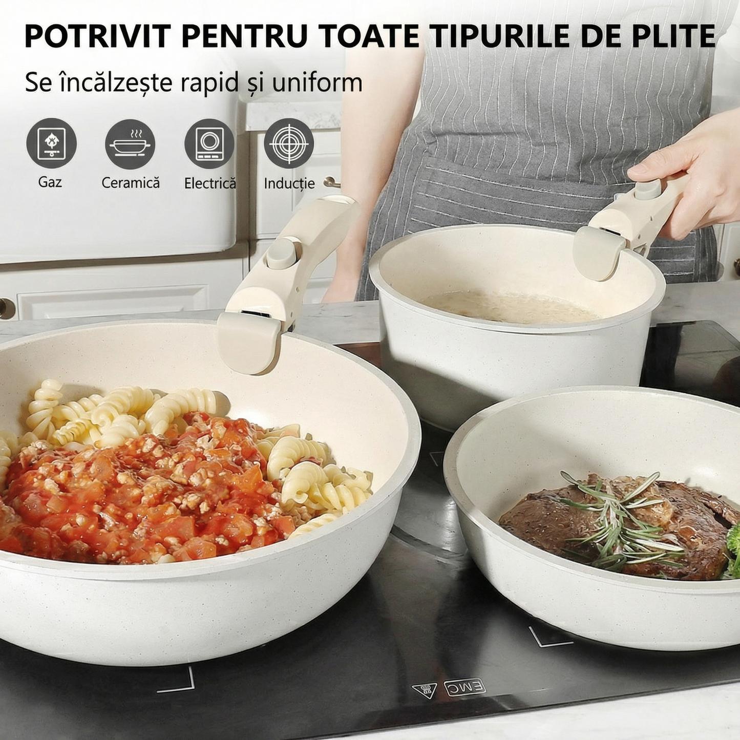 Set de Vase de Gatit 9 Piese, Antiaderent, Termorezistent, Maner Detasabil, Dimensiuni 18/20/26 Cm, Pentru Plita, Cuptor si Aragaze pe Gaz