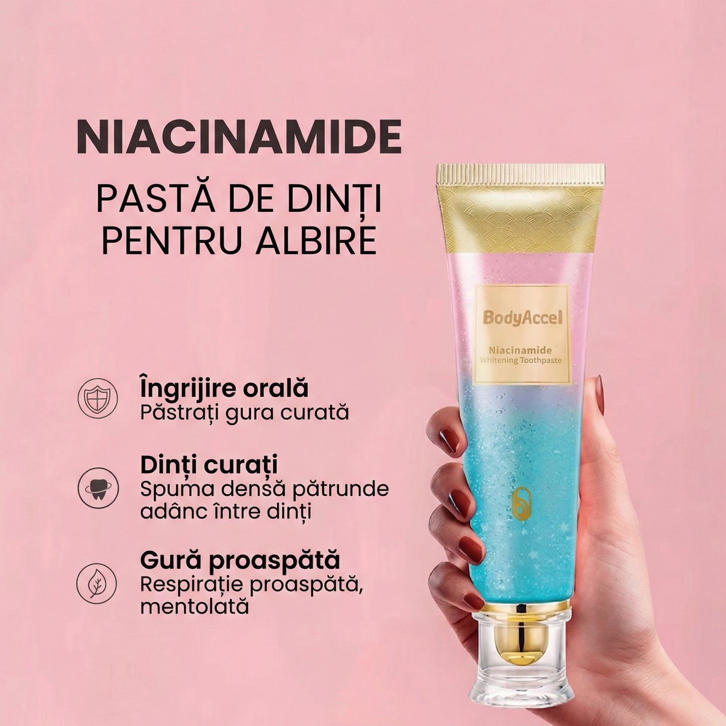 Pastă de Dinți pentru Albire, Niacinamide, 100g, Textură Fină, Spumă Bogată