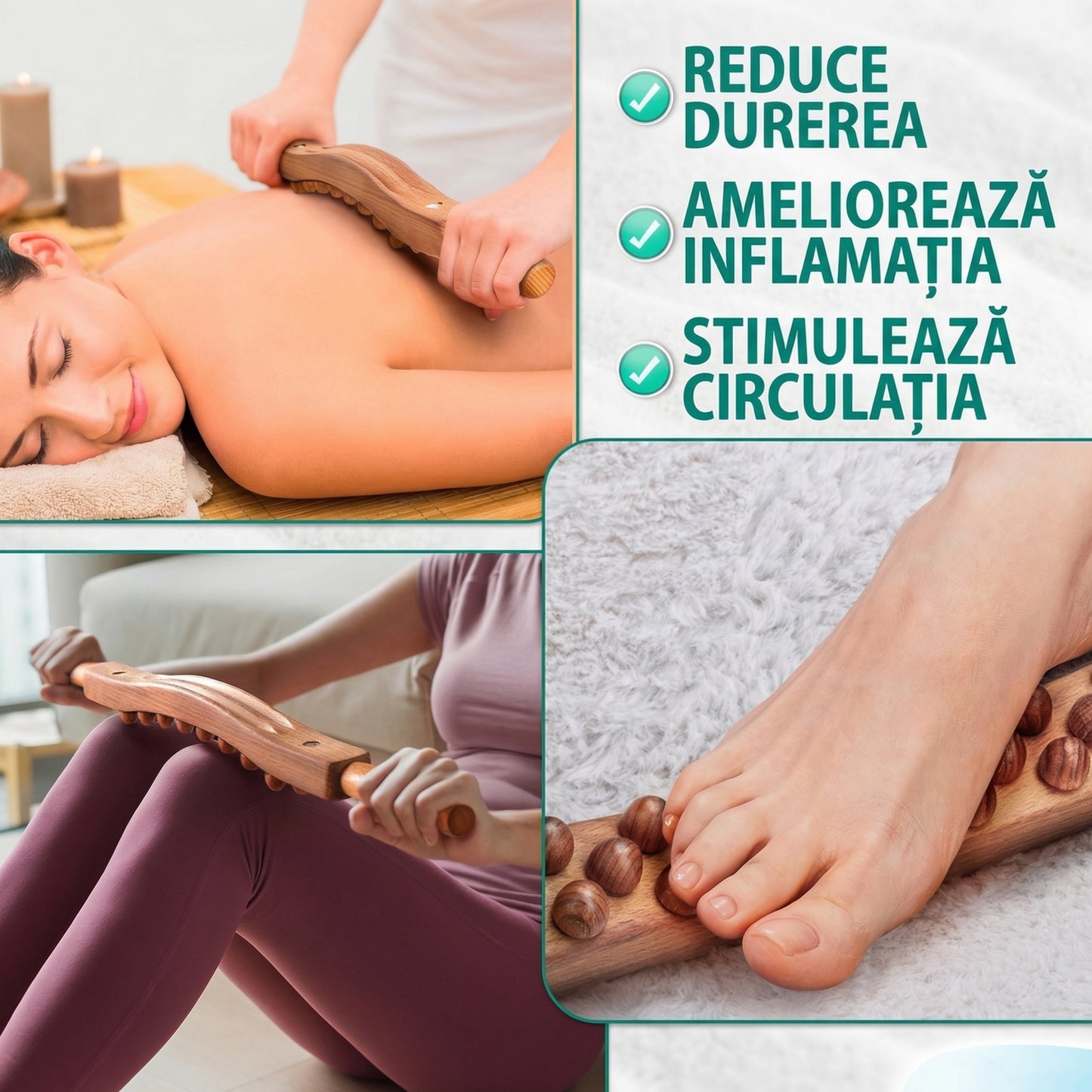 Baston de Masaj din Lemn Gua Sha cu 31 bile pentru Masaj și Drenaj Limfatic