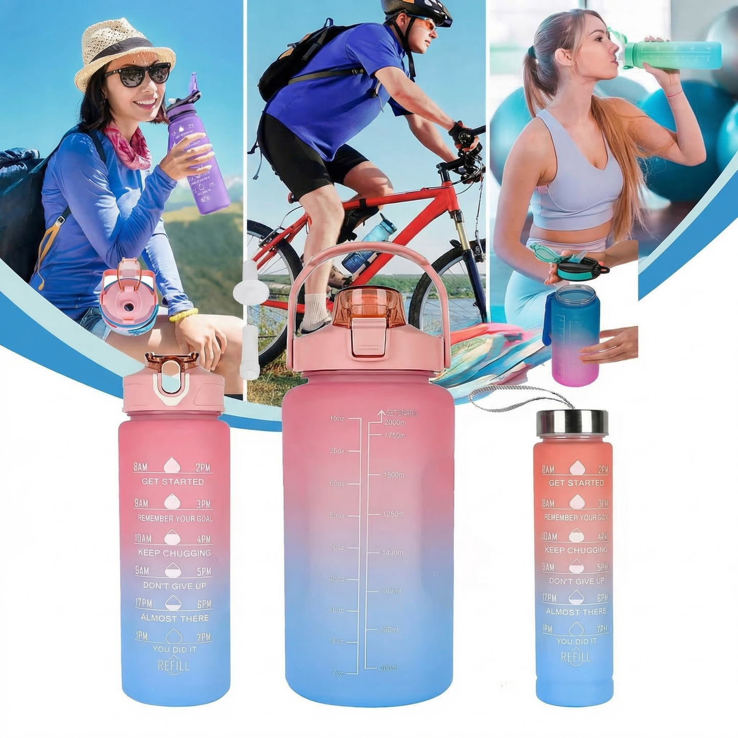 Set 3 Sticle Apă Motivațională Shaker Fitness - 2L, 0.7L, 0.3L