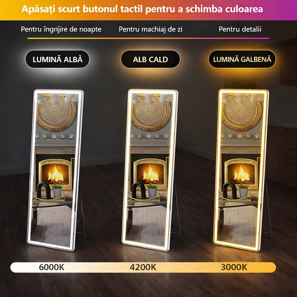 Oglindă Mare cu LED pentru Întregul Corp, cu Stand și Montaj pe Perete, Control Tactil