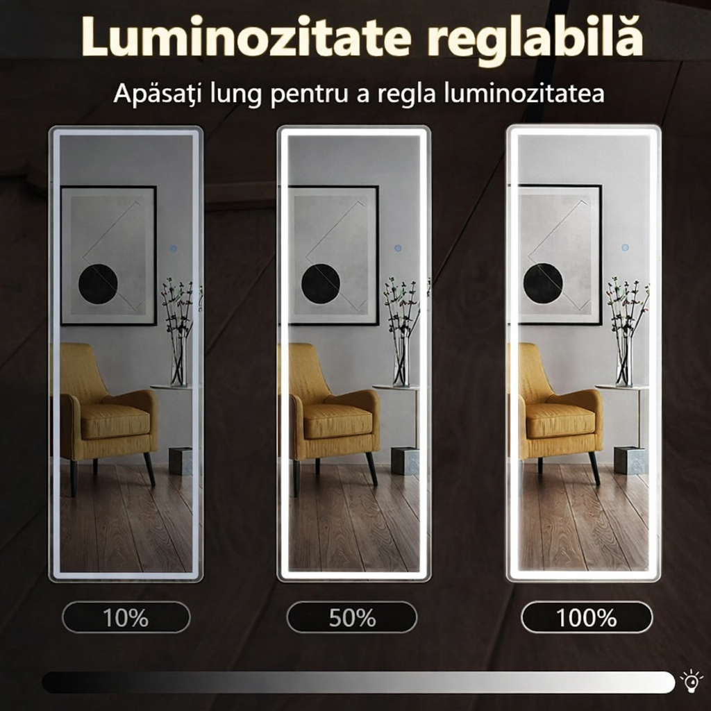 Oglindă Mare cu LED pentru Întregul Corp, cu Stand și Montaj pe Perete, Control Tactil