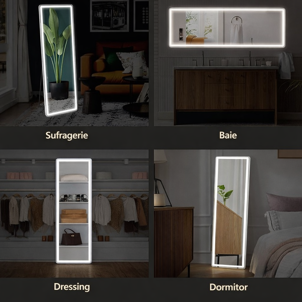 Oglindă Mare cu LED pentru Întregul Corp, cu Stand și Montaj pe Perete, Control Tactil