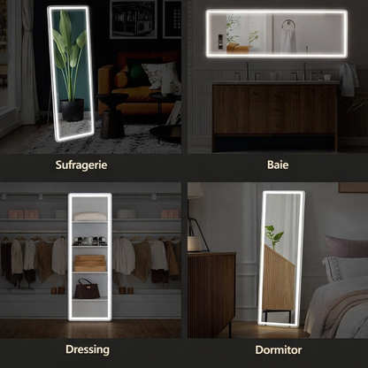 Oglindă Mare cu LED pentru Întregul Corp, cu Stand și Montaj pe Perete, Control Tactil