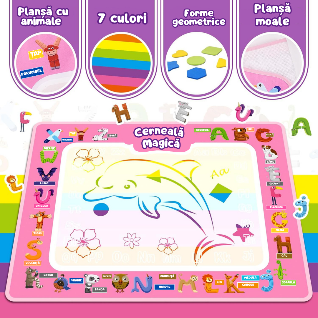 Covoraș Magic™ – Set pentru Desen Fără Murdărie cu Apă + 7 Markere Cadou