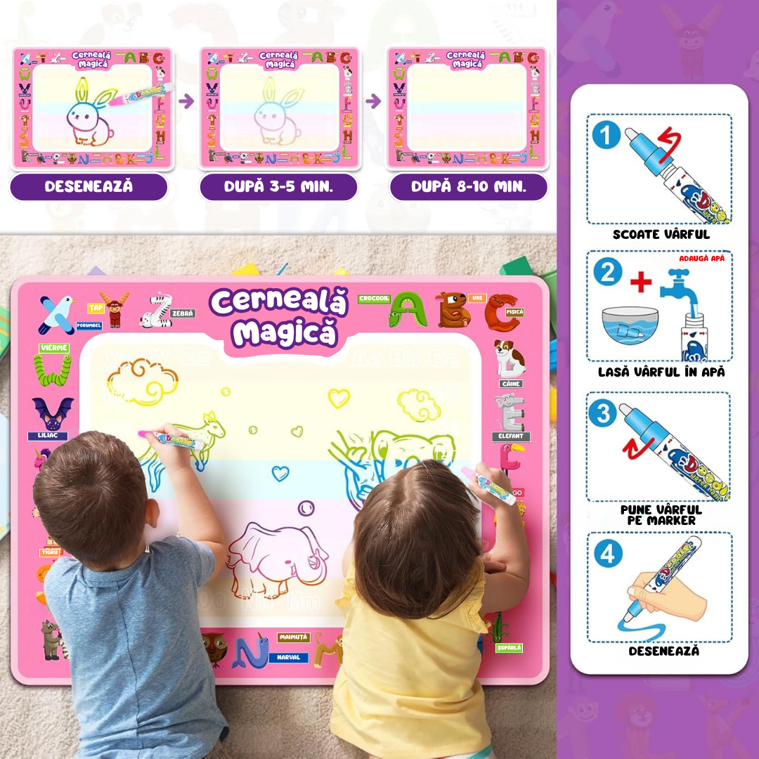 Covoraș Magic™ – Set pentru Desen Fără Murdărie cu Apă + 7 Markere Cadou