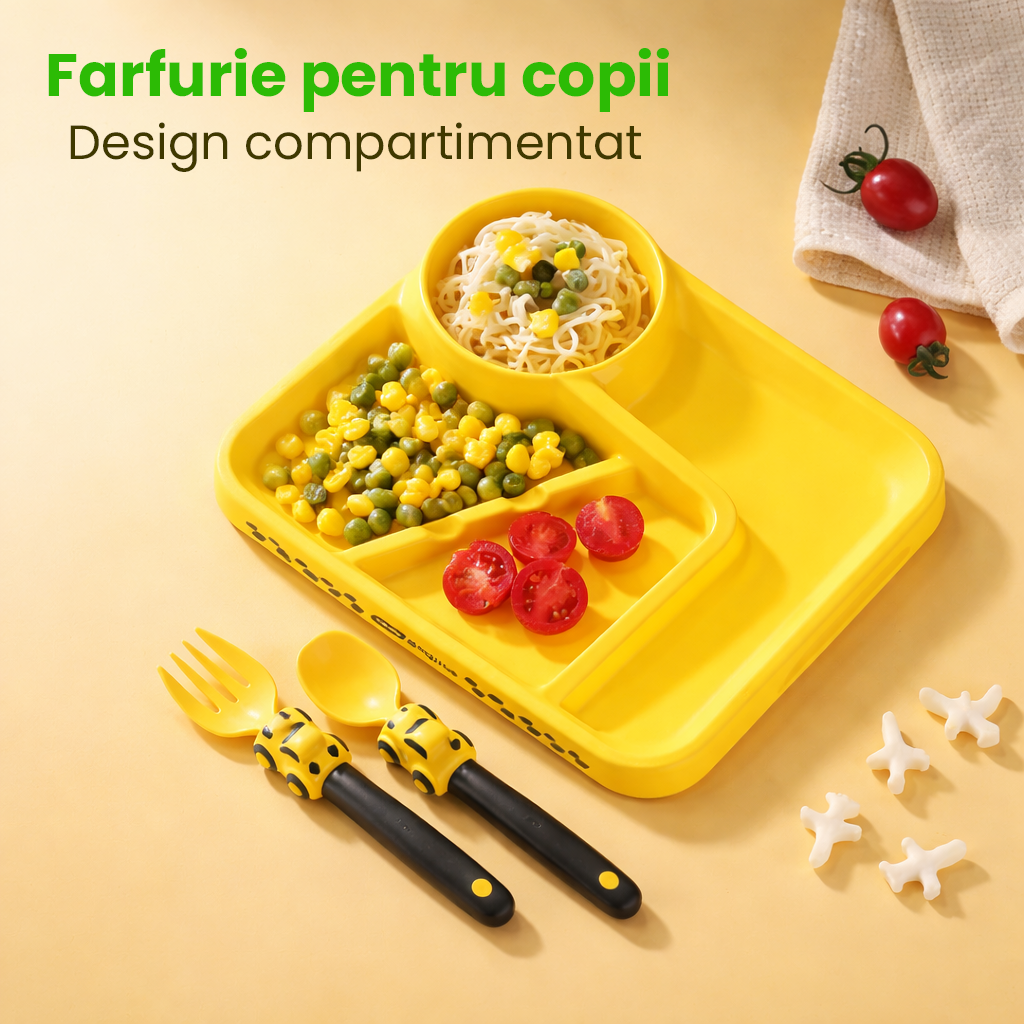 Set Farfurie, Furculiță și Lingură pentru Copii cu Mașini de Curse