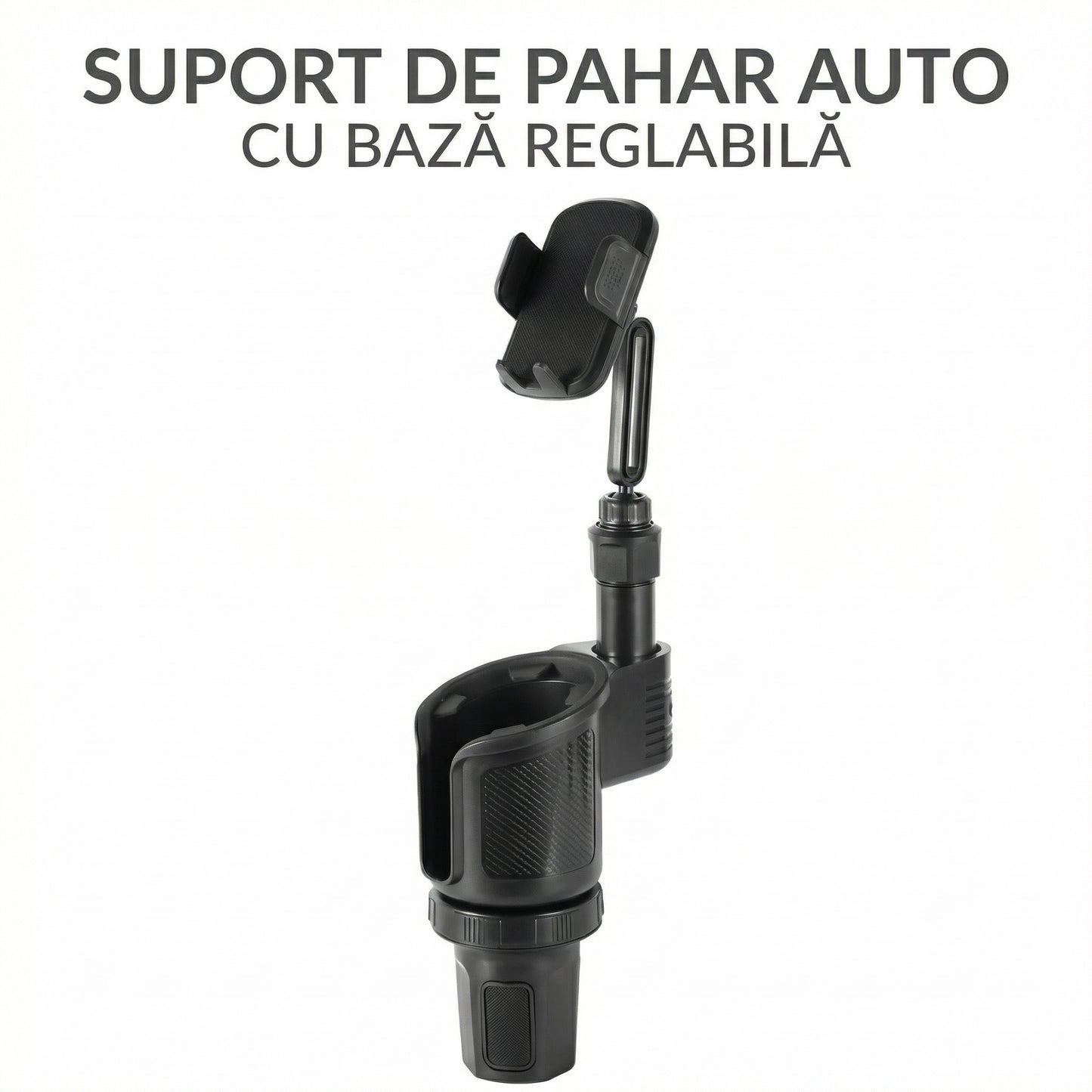 Suport Auto pentru Telefon cu Extensie pentru Suportul de Pahar – Rotire 360°, Multifuncțional