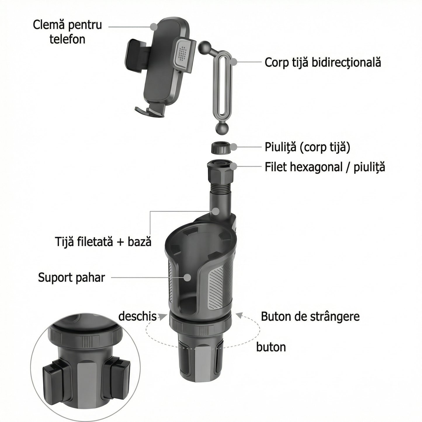 Suport Auto pentru Telefon cu Extensie pentru Suportul de Pahar – Rotire 360°, Multifuncțional