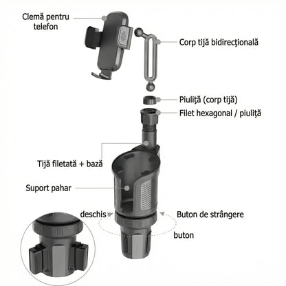 Suport Auto pentru Telefon cu Extensie pentru Suportul de Pahar – Rotire 360°, Multifuncțional