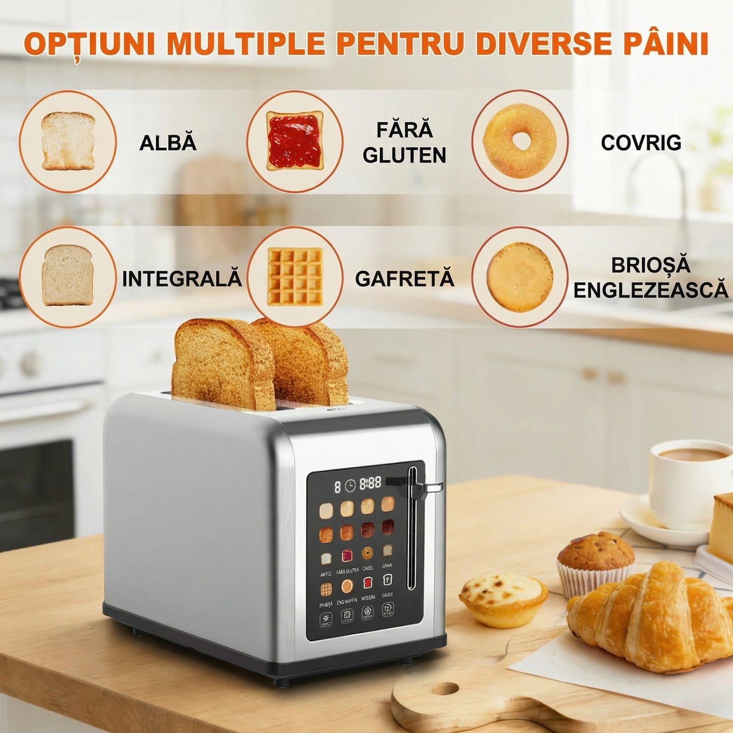 Prăjitor de Pâine Smart cu Touch – 2 Felii, Sloturi Largi și Prăjire Uniformă