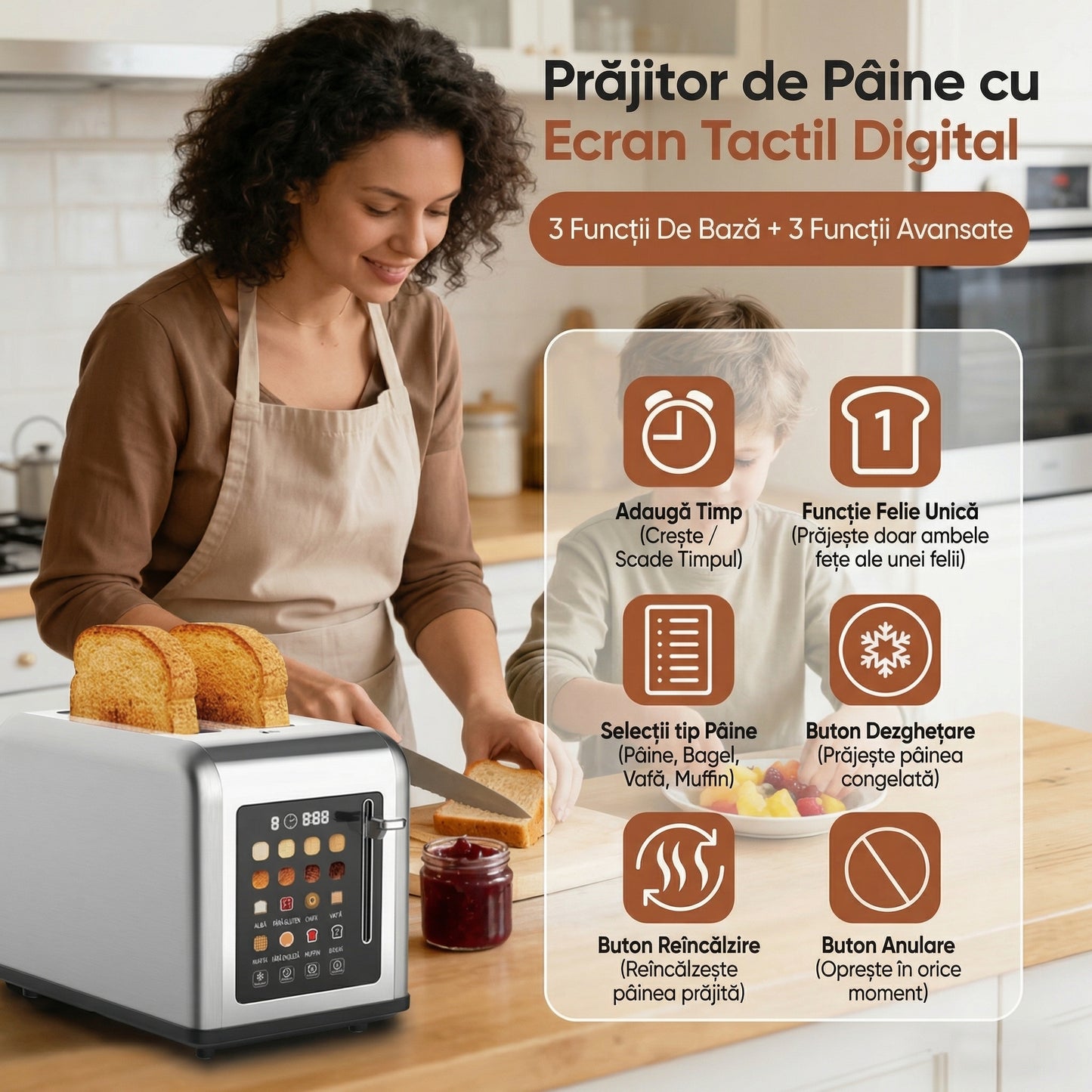 Prăjitor de Pâine Smart cu Touch – 2 Felii, Sloturi Largi și Prăjire Uniformă
