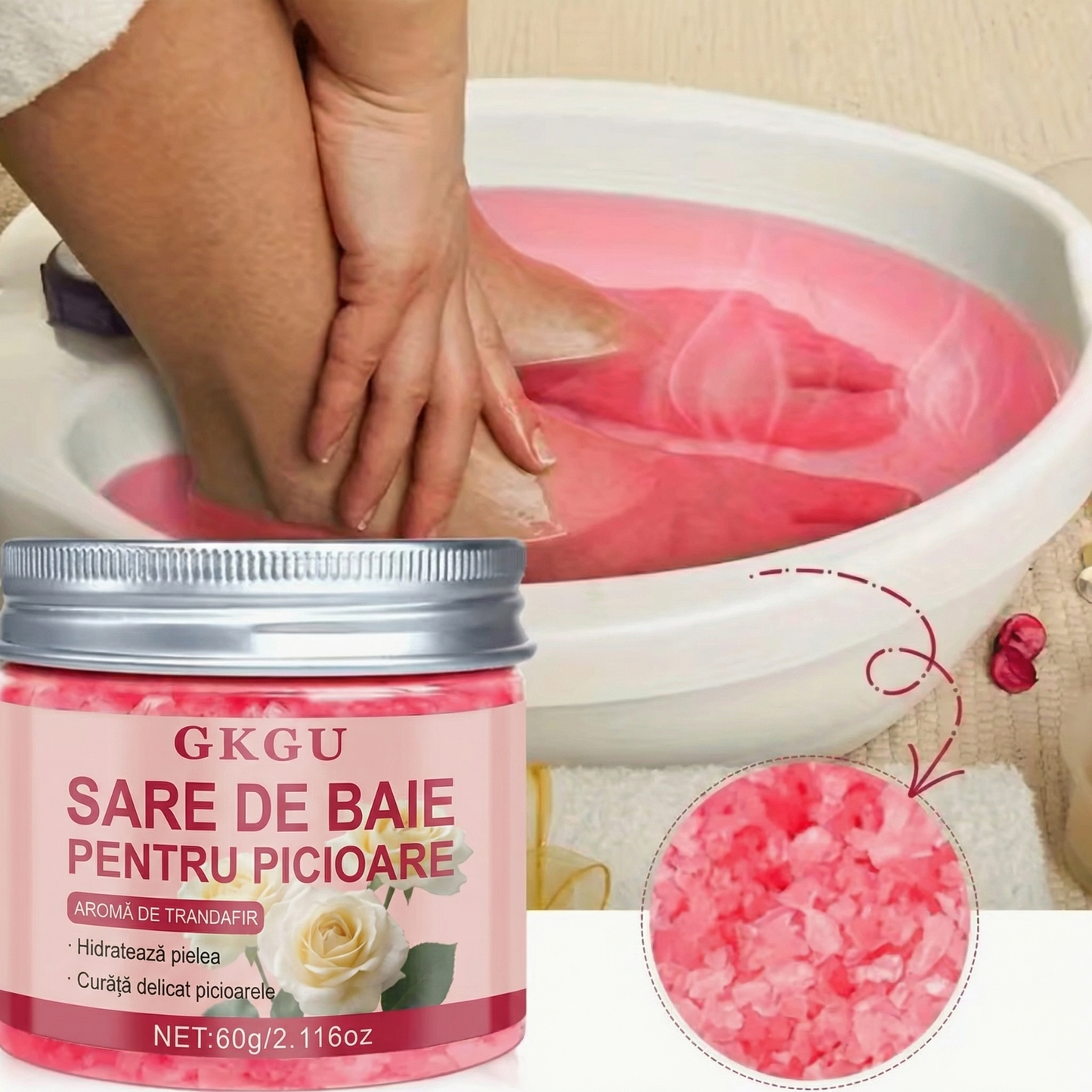 Kit de Îngrijire a Picioarelor cu Trandafiri - Sare pentru Baie de Picior Hipoalergenică, cu Uleiuri Esențiale, Hidratantă pentru Picioare Uscate și Crăpate
