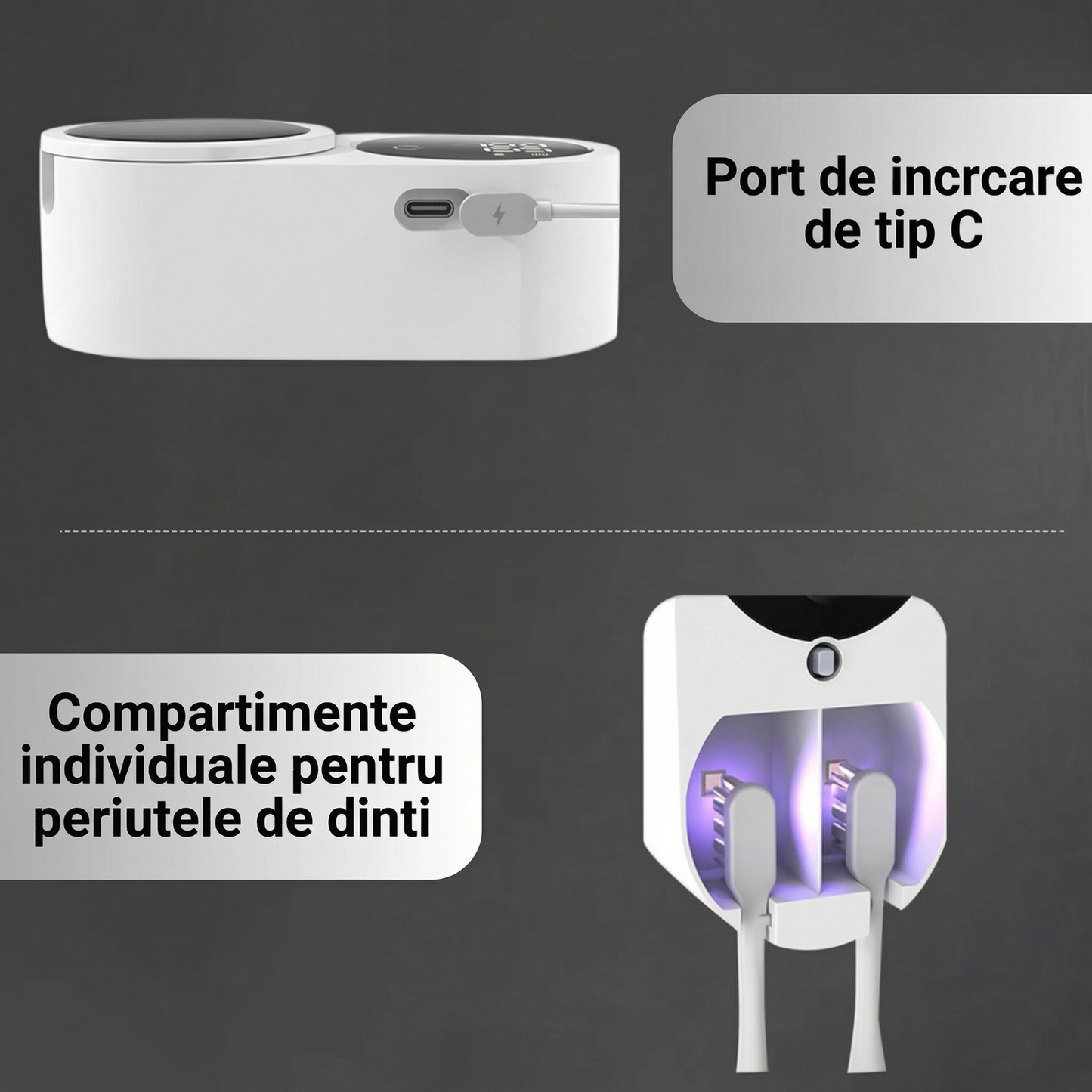 Sterilizator UV-C Inteligent pentru Periuțe de Dinți – Dezinfectare Automată 24/7, Uscare și Display HD