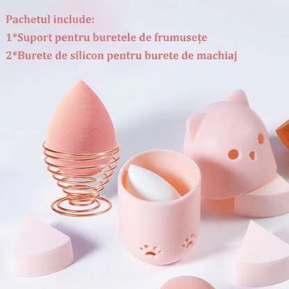Set 3 Suporturi din Silicon pentru Bureți de Machiaj, Reutilizabile cu Zonă de Curățare Pensule