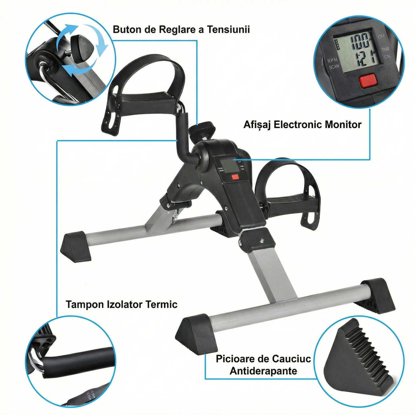 Pedalier Fitness Compact pentru Brațe și Picioare cu Rezistență Reglabilă și Display LCD