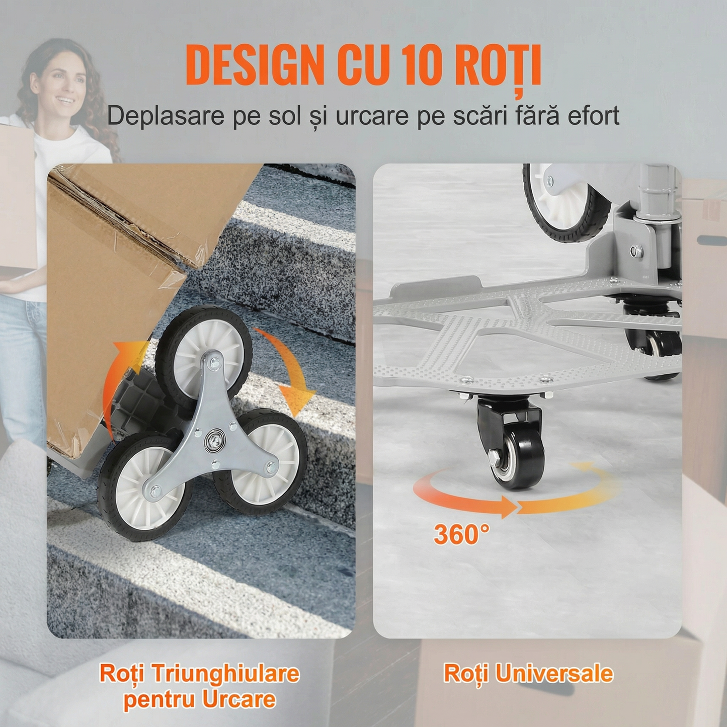 Cărucior de Urcat Scări Pliabil cu Roți din Cauciuc