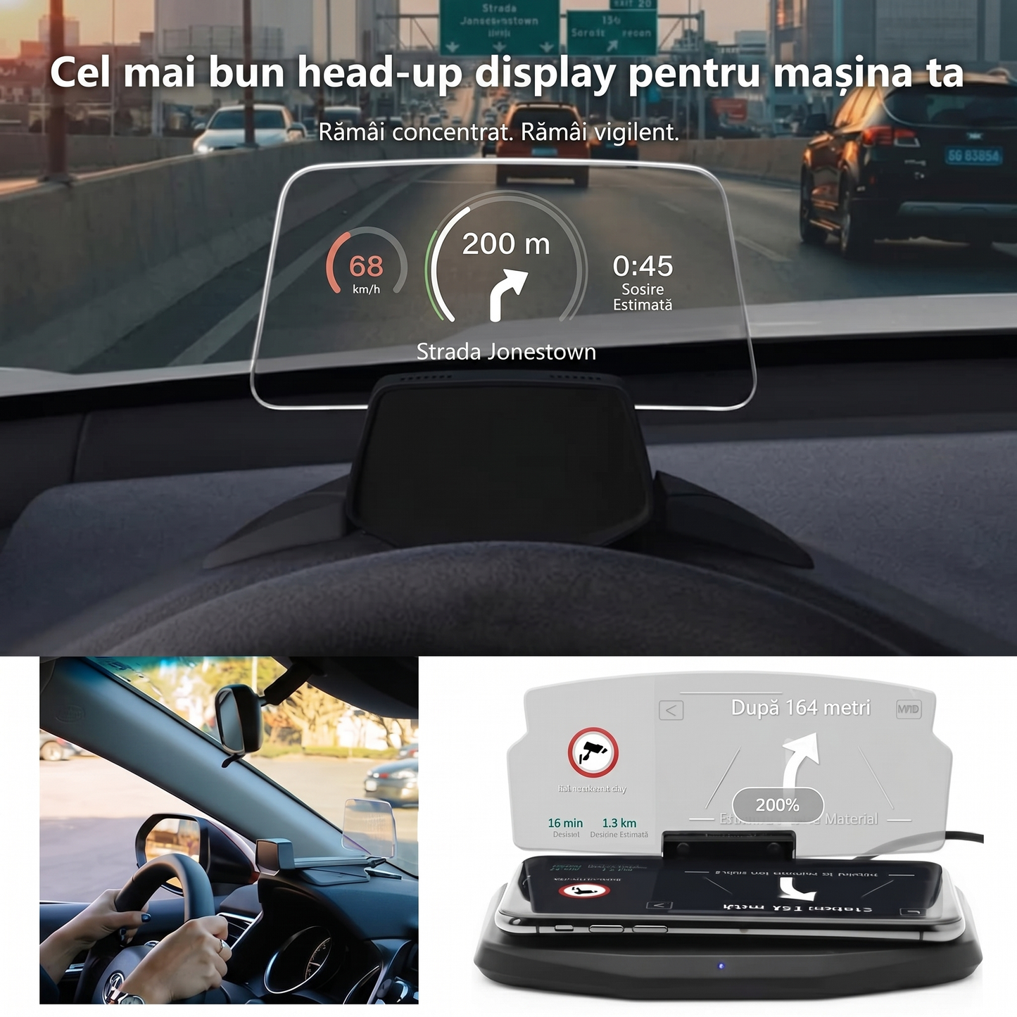 Afișaj HUD Auto cu GPS și Apeluri pe Parbriz