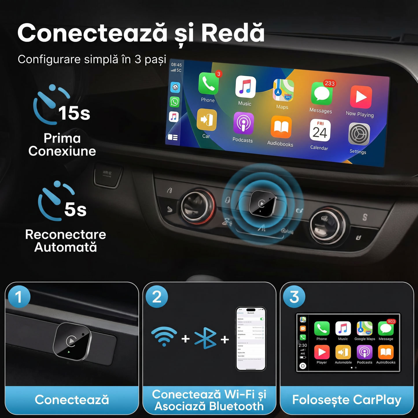Adaptor Wireless 2în1 pentru CarPlay și Android Auto