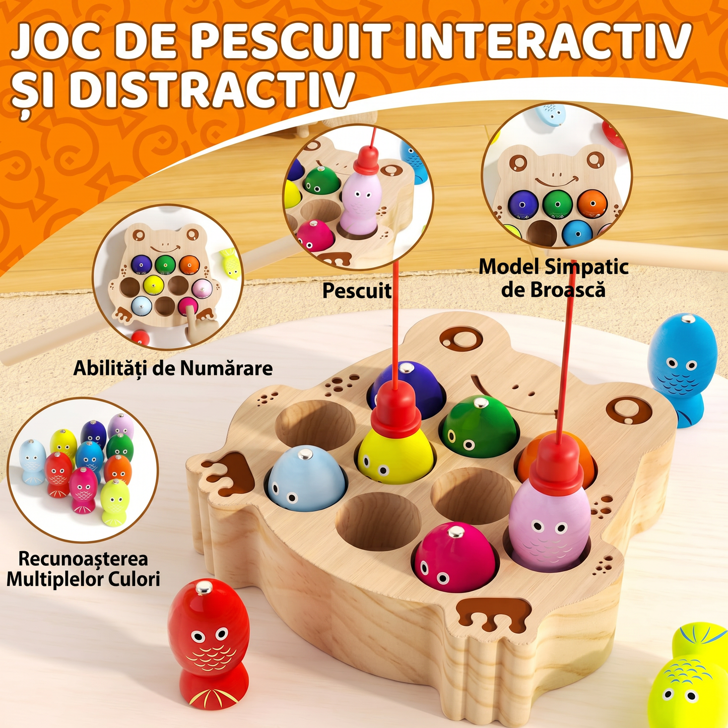 Joc Magnetic din Lemn de Pescuit cu Sortare de Culori pentru Copii (1–5 ani)