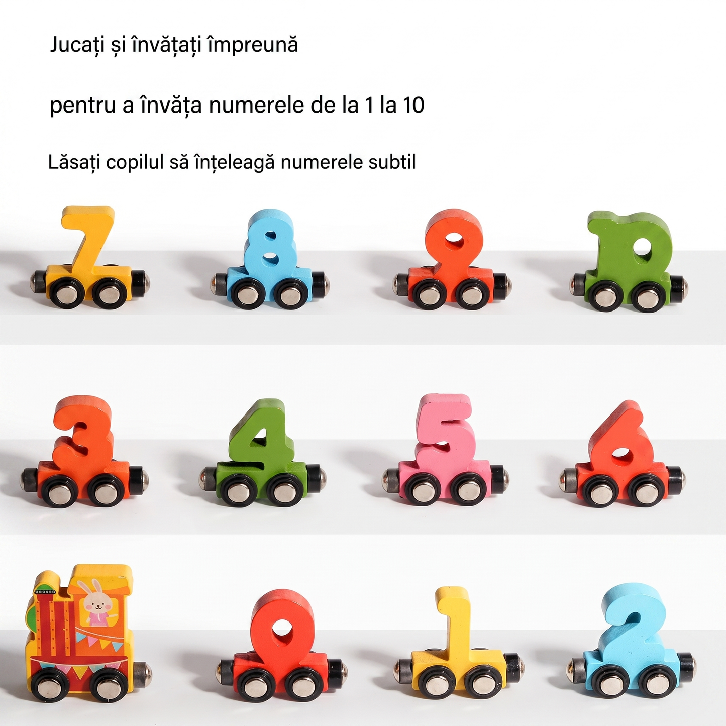 Trenuleț Magnetic Educațional din Lemn cu Numere (12 Secțiuni)