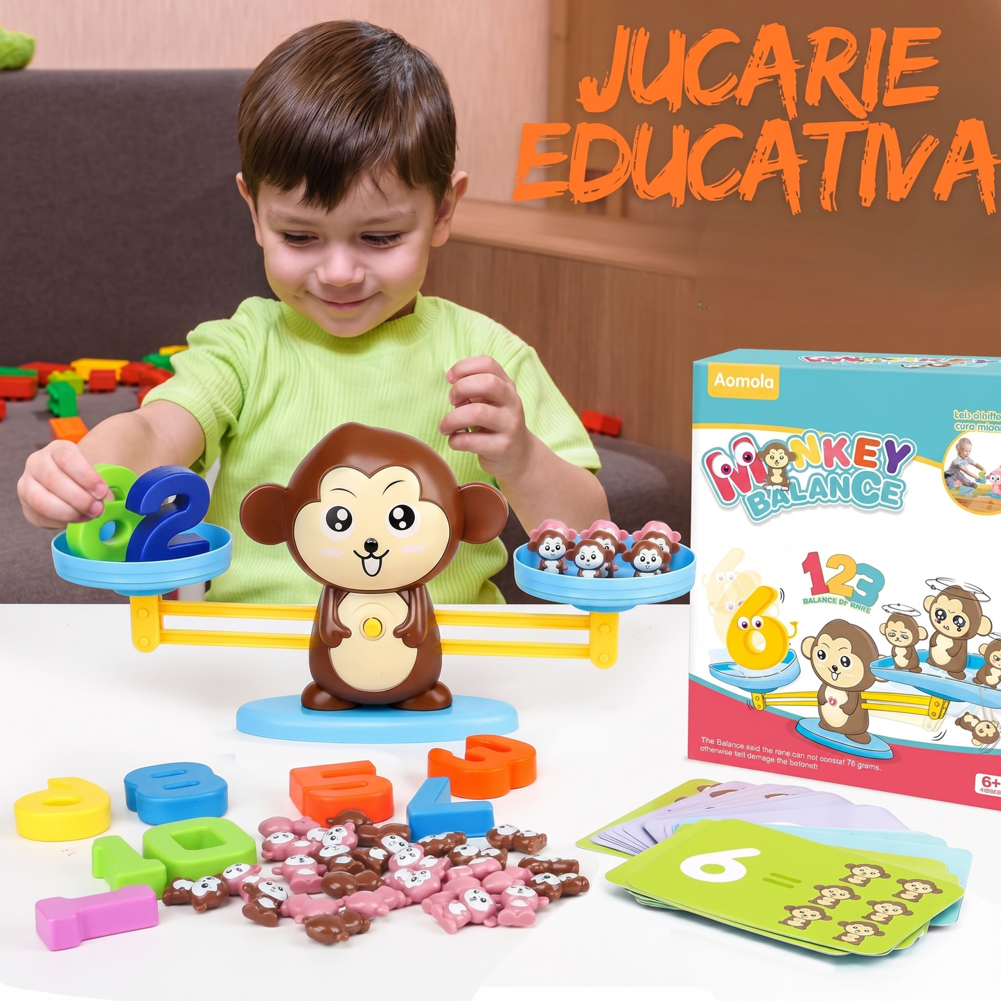 Joc Educațional Tip Balanță pentru Învățarea Numerelor cu Maimuțe (65 Piese, 3+ ani)