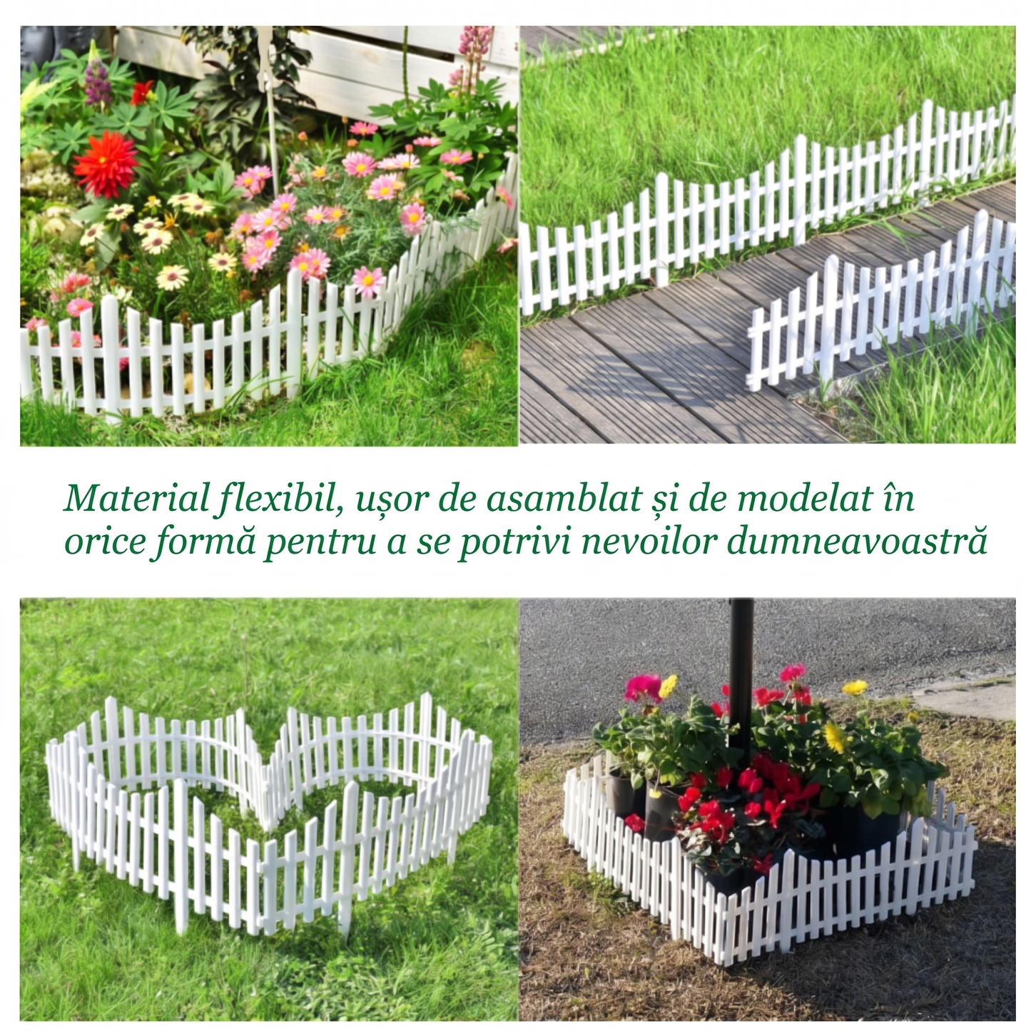 Set 4 Garduri Decorative din Plastic Alb pentru Grădină cu Fixare în Sol (60×21 cm)