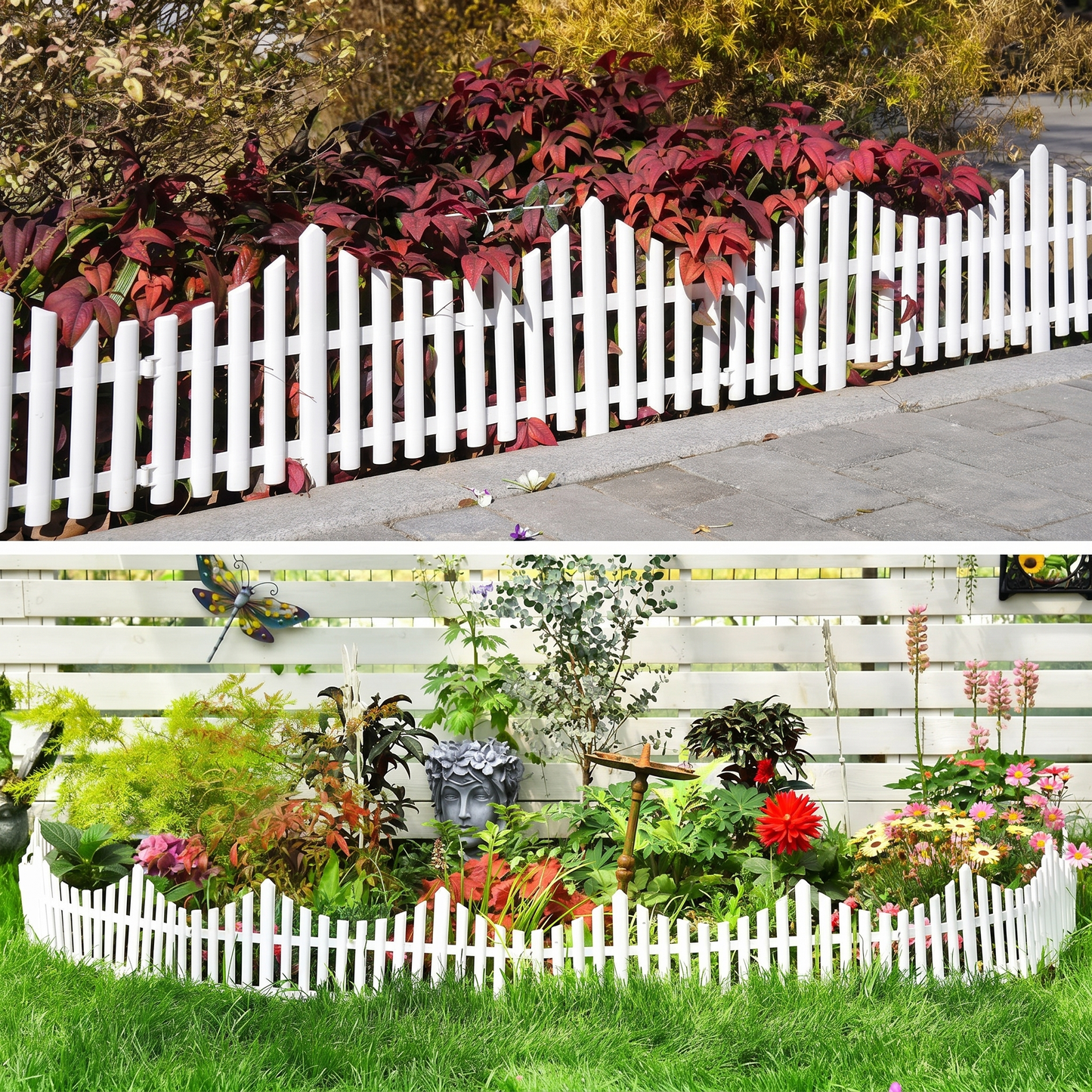 Set 4 Garduri Decorative din Plastic Alb pentru Grădină cu Fixare în Sol (60×21 cm)