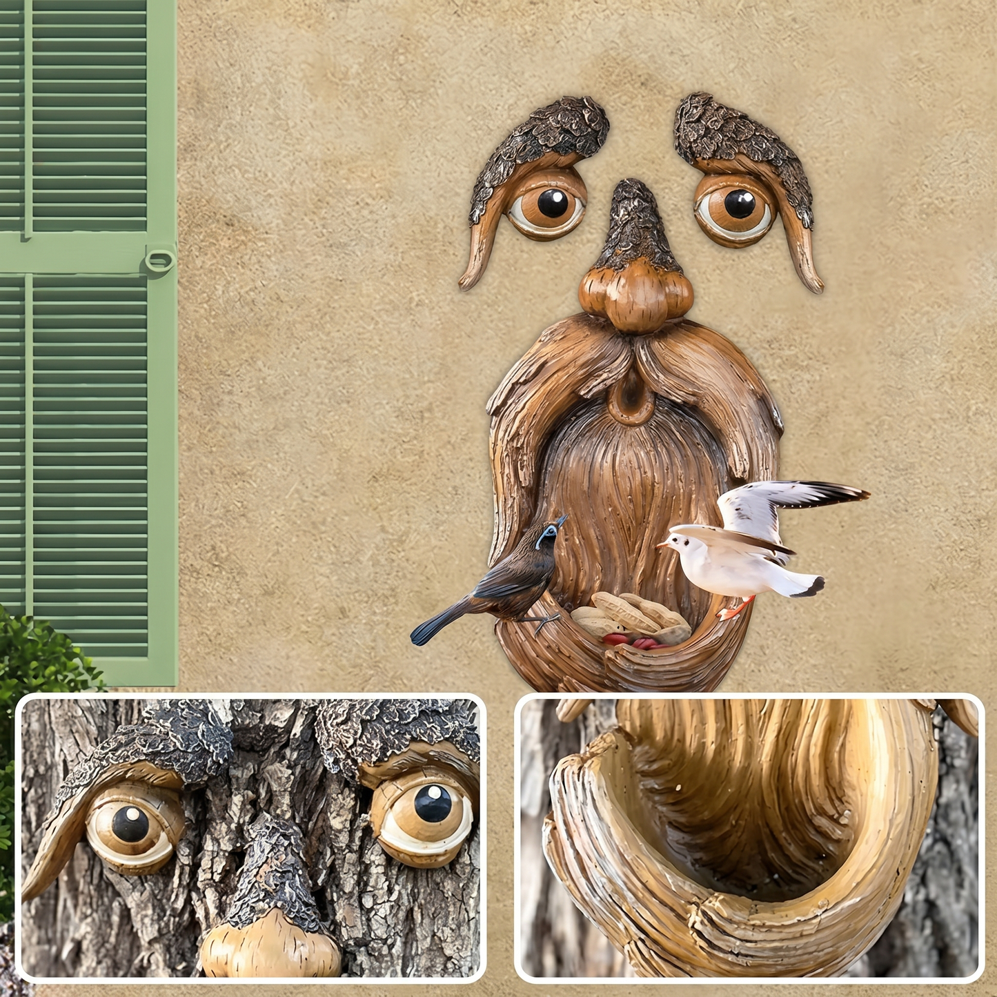 Decor de Grădină Tip Față de Copac cu Hrănitor pentru Păsări din Rășină