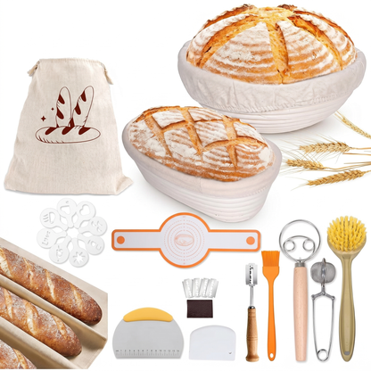 Set Coșuri de Fermentare pentru Pâine cu Accesorii de Coacere (17 Piese)