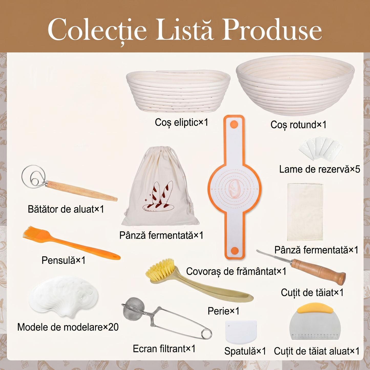 Set Coșuri de Fermentare pentru Pâine cu Accesorii de Coacere (17 Piese)