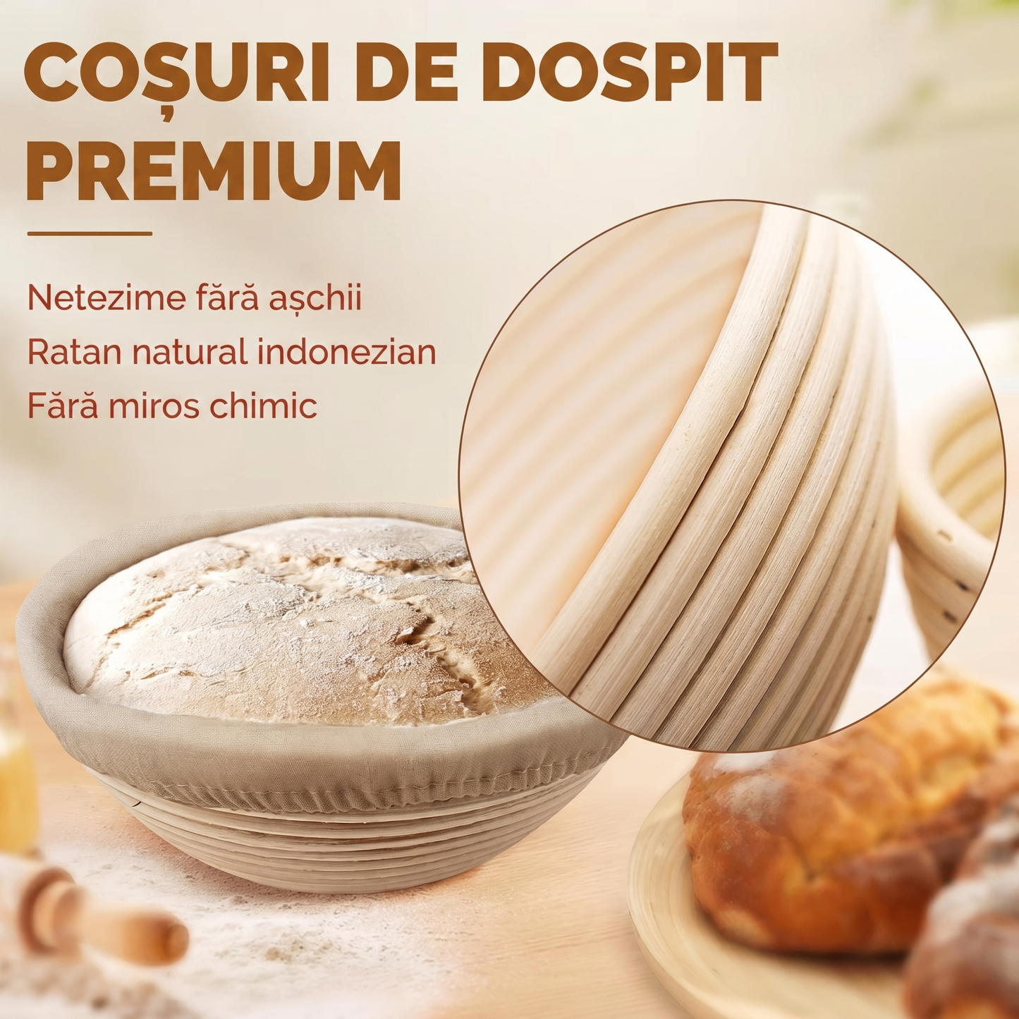 Set Coșuri de Fermentare pentru Pâine cu Accesorii de Coacere (17 Piese)
