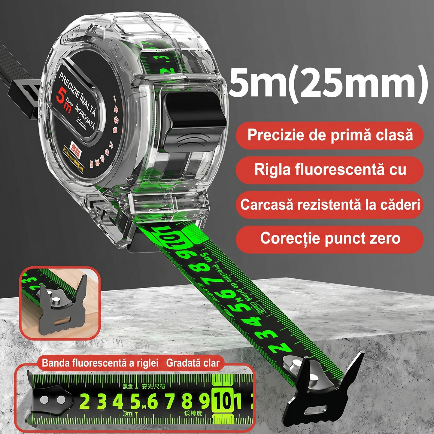 Ruletă Profesională Auto-blocantă din Carbon cu Scală Dublă Fluorescentă
