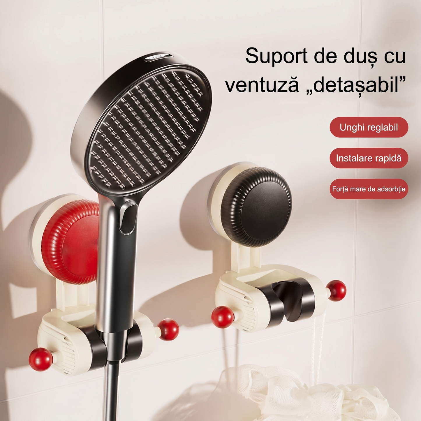 Suport de Duș Reglabil 360° cu Ventuză Puternică, Fără Găurire