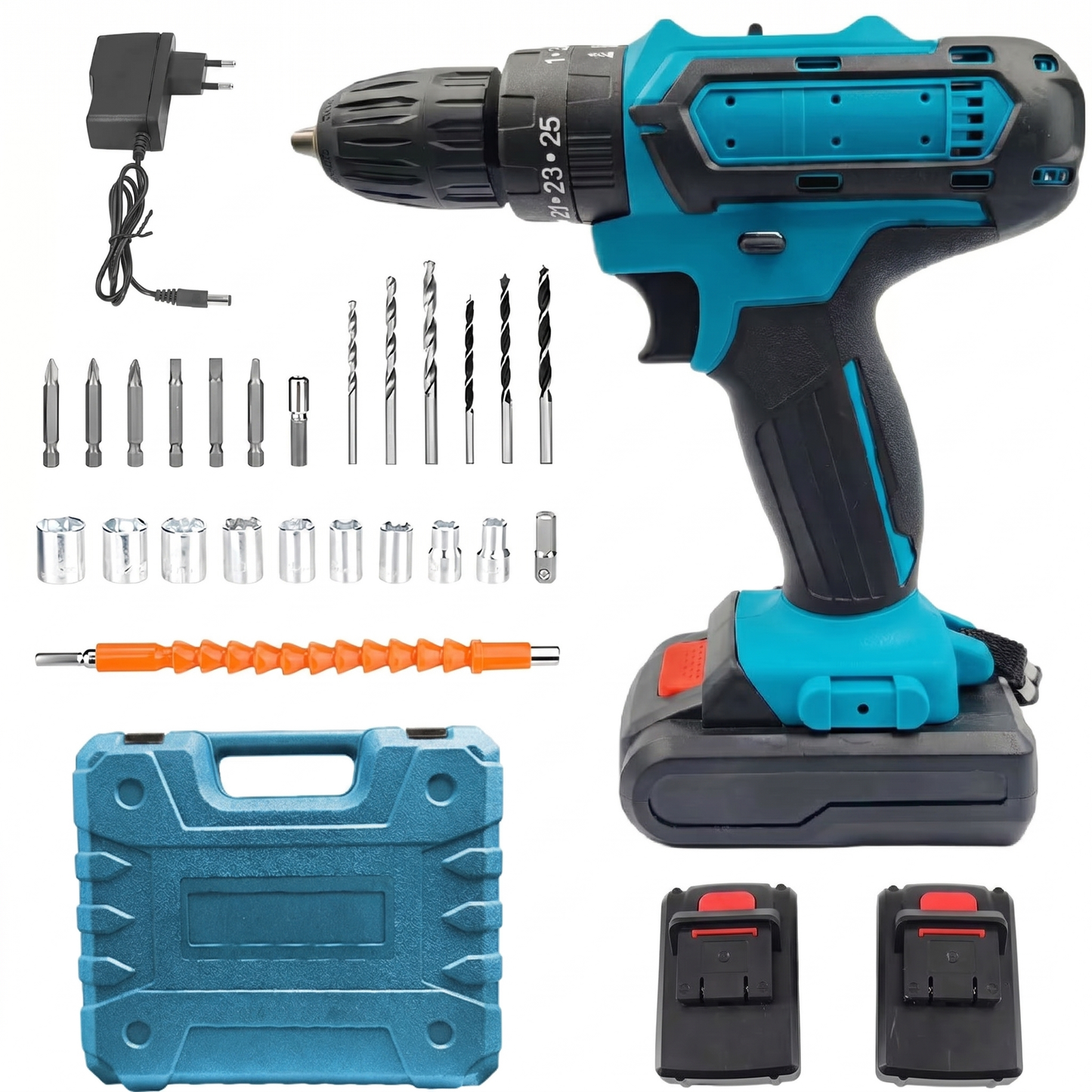Mașină de Găurit și Înșurubat cu Acumulator 21V, Cuplu 65 Nm, 2 Baterii și Accesorii