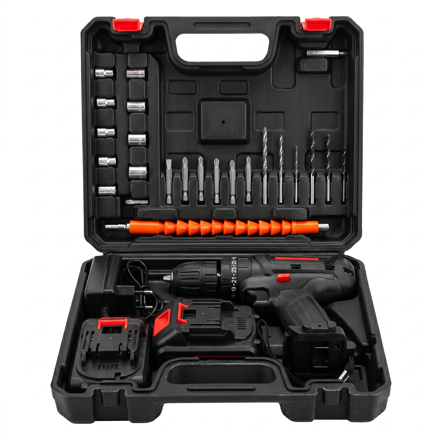 Mașină de Găurit și Înșurubat cu Acumulator 21V, Cuplu 65 Nm, 2 Baterii și Accesorii
