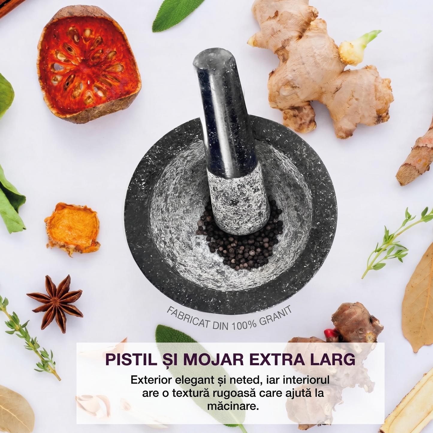 Mojar cu Pistil din Granit pentru Măcinat Condimente și Ierburi
