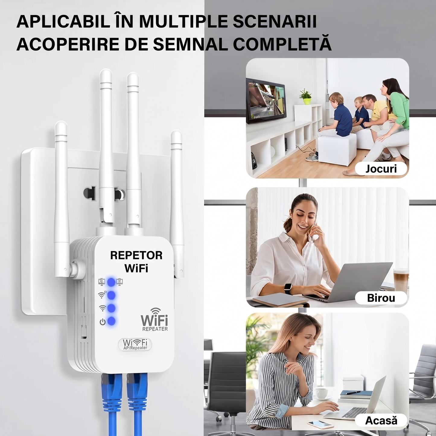 Repetor WiFi cu 4 Antene și Porturi LAN Duale, Amplificator de Semnal pentru Priză