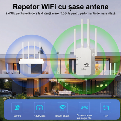 Repetor WiFi cu 4 Antene și Porturi LAN Duale, Amplificator de Semnal pentru Priză