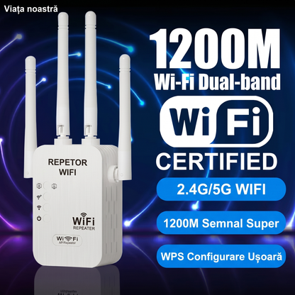 Repetor WiFi cu 4 Antene și Porturi LAN Duale, Amplificator de Semnal pentru Priză