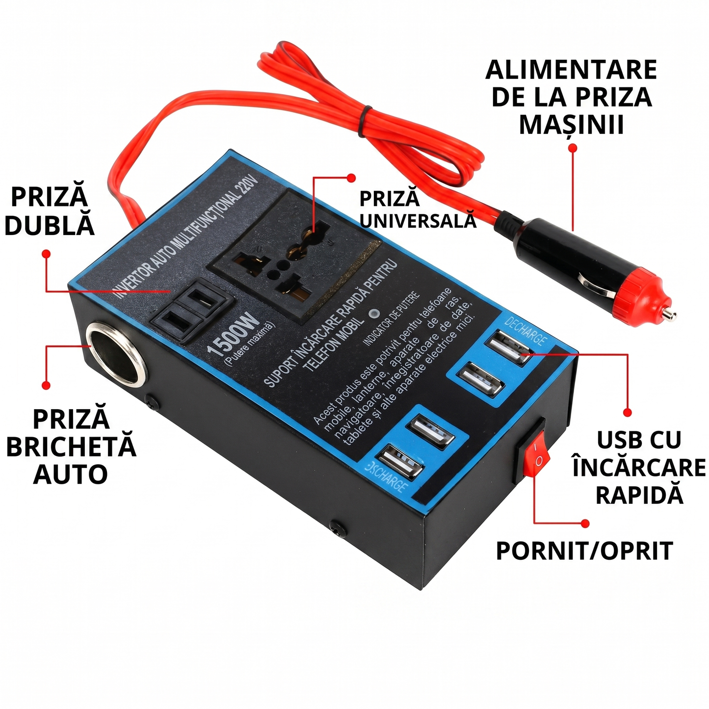 Invertor Auto 12/24 V la 220 V cu 7 Zone de Alimentare