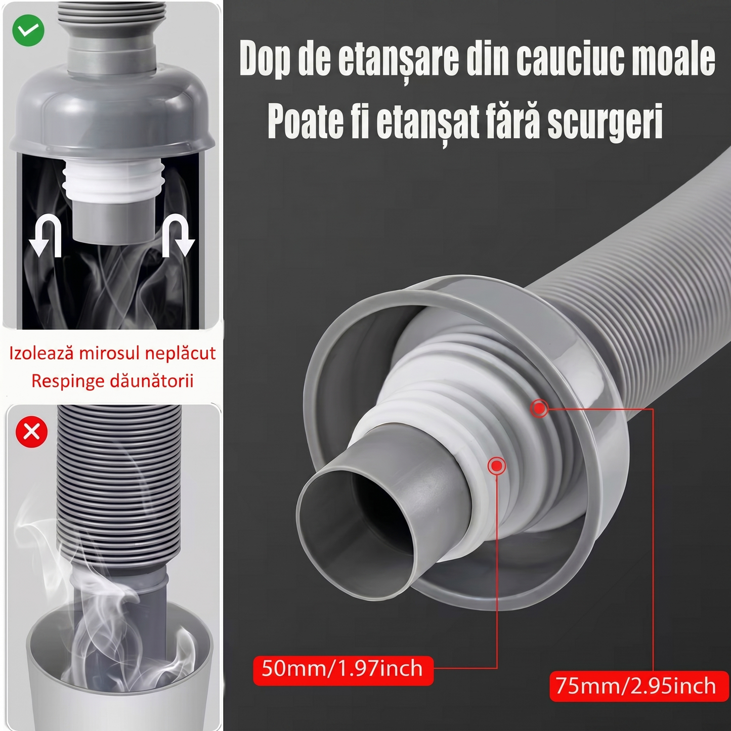 Țeavă de Scurgere Flexibilă și Ajustabilă pentru Chiuvetă, Anti-miros și Rezistentă la Temperaturi