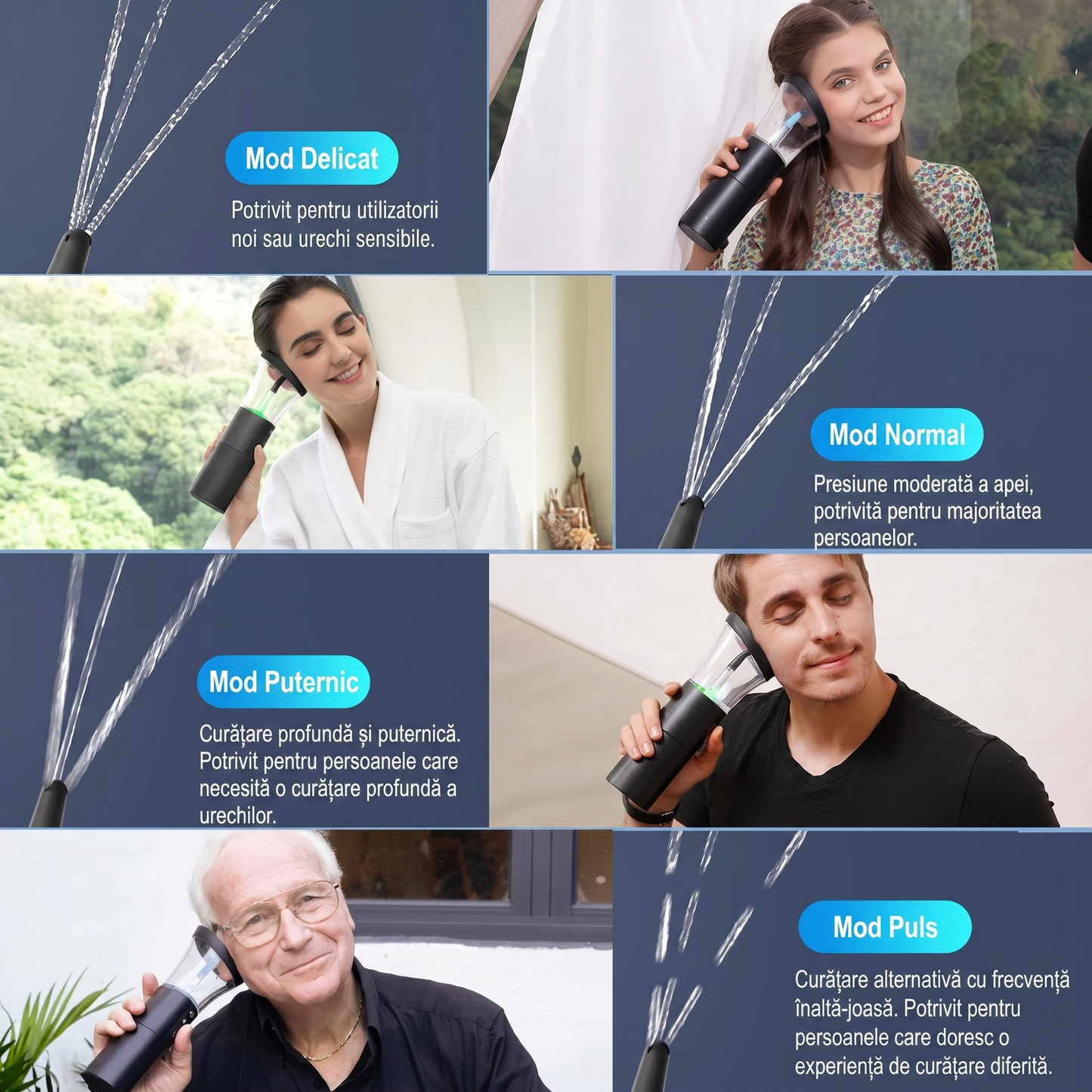 Curățător Electric pentru Urechi cu 4 Moduri și Duze Interschimbabile, Rezistent la Apă