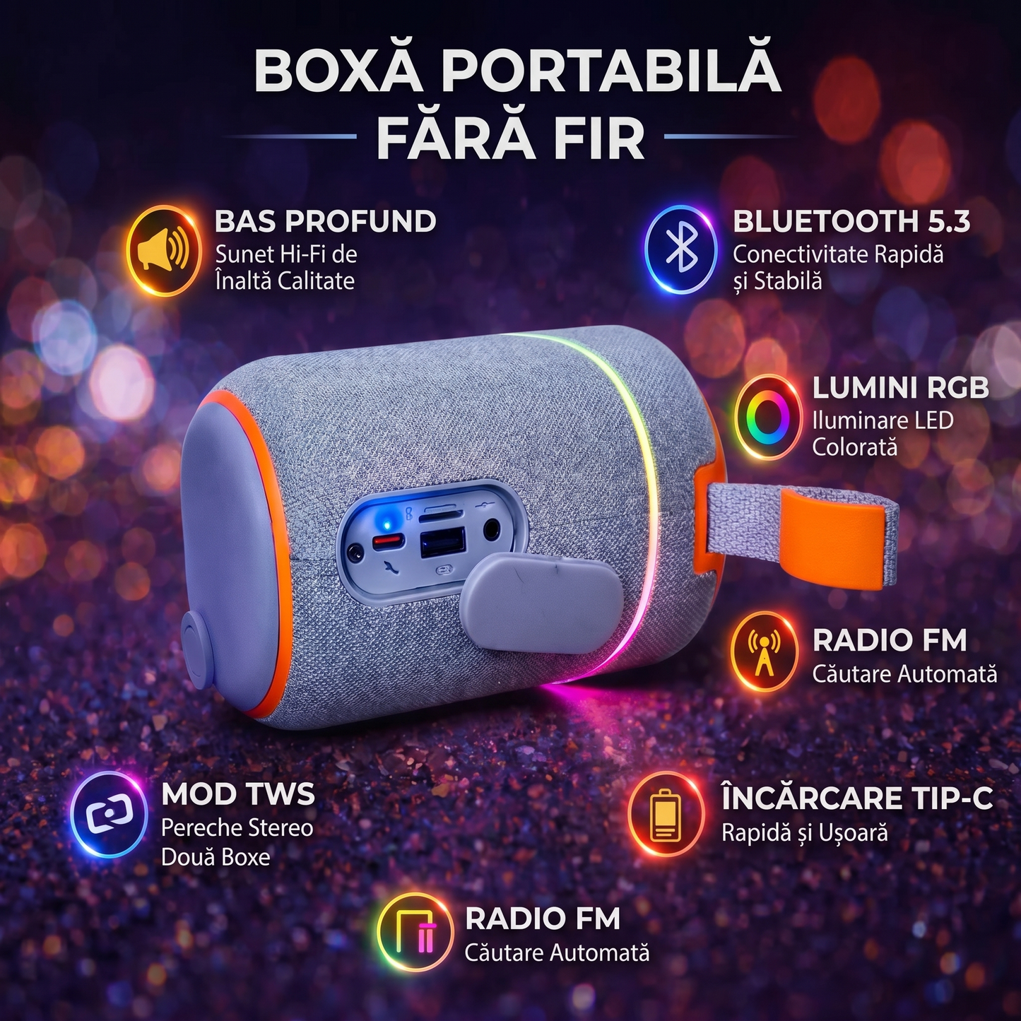 Boxă Portabilă Wireless cu Încărcare USB