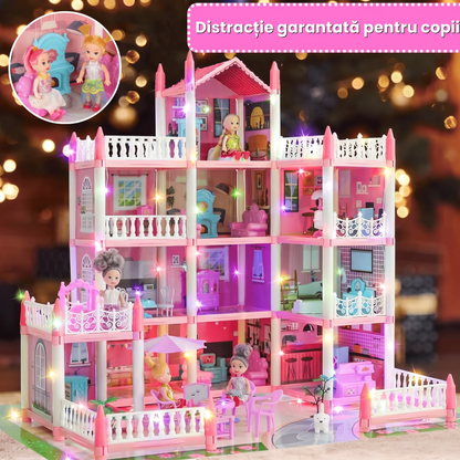 Căsuță de Păpuși pentru Copii Cu 11 Camere, 4 Păpuși, Lumini LED și Accesorii Incluse