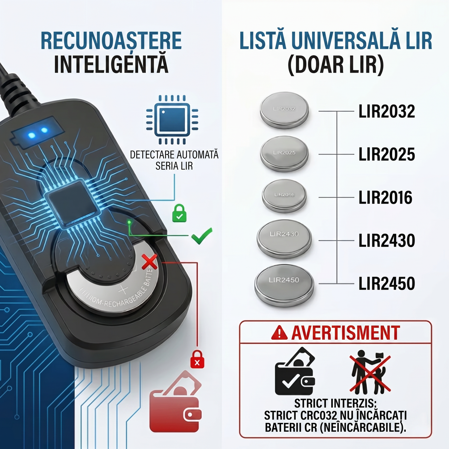 Încărcător cu Clips pentru Baterii Tip Pastilă